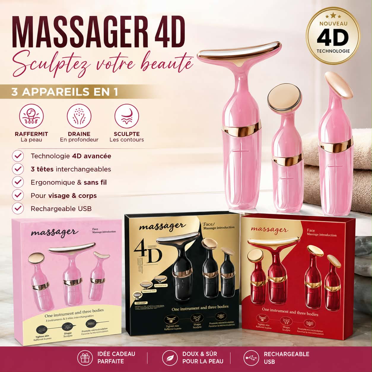 Massager 4D – 3 appareils en 1, disponible en rose, noir et rouge